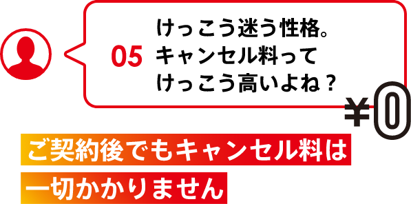 05 けっこう迷う性格。キャンセル料ってけっこう高いよね？ ご契約後でもキャンセル料は一切かかりません