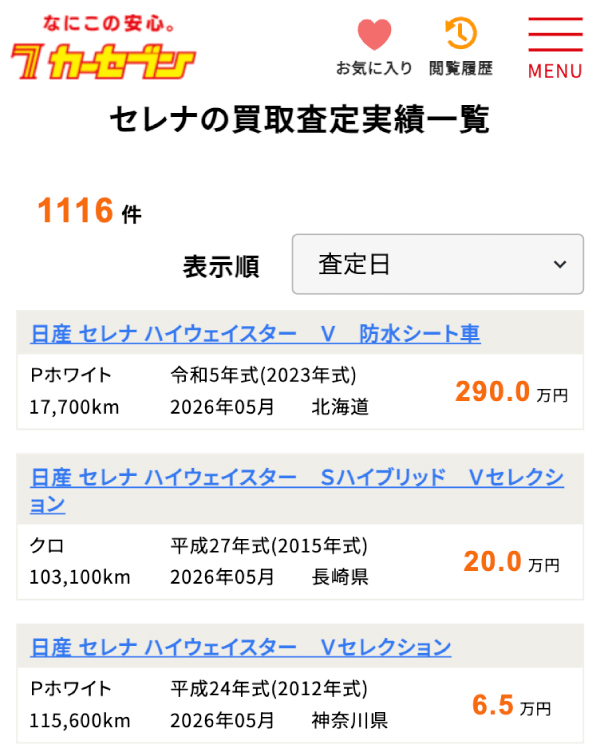 カーセブンのセレナの買取査定実績一覧（例）
