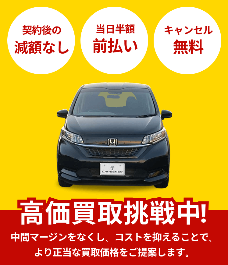 契約後の減額なし 当日半額前払い キャンセル無料 高価買取挑戦中 中間マージンをなくし、コストを抑えることで、より正当な買取価格をご提案します。